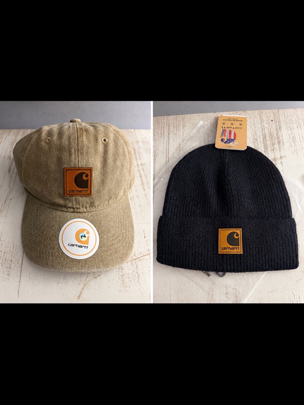 Carhartt Kids Tan Baseball Cap and Black Knit Beanie Set